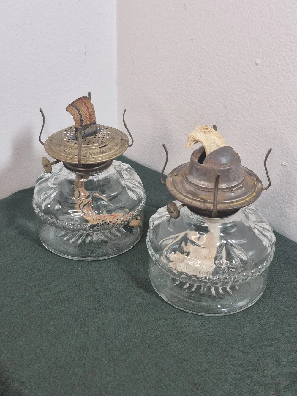 Pair of Vintage Glass Eagle Oil Lamps with Wicks